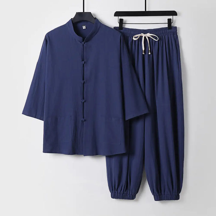 Buddha Stones Three-Quarter Sleeves Cropped Bloomers Cotton Top Pants Clothing Men’s Set - DarkSlateBlue