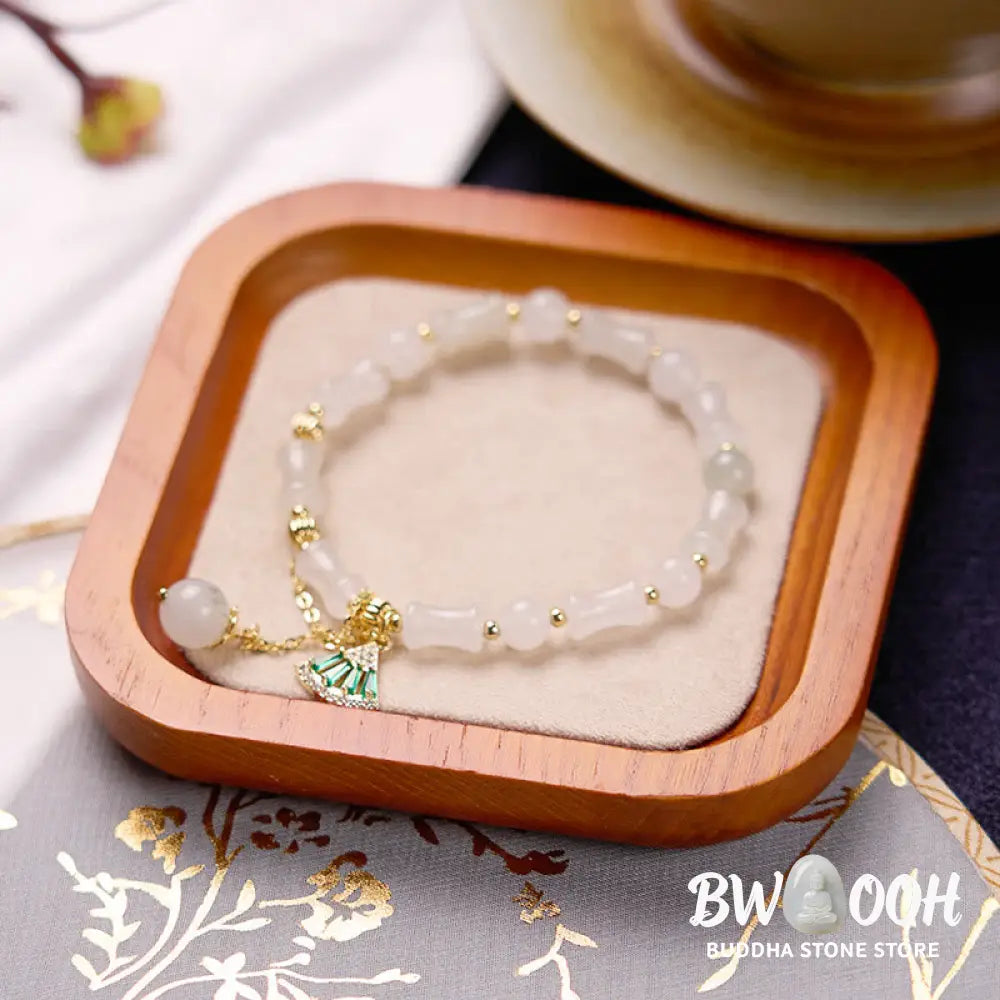 Buddha Stones Tianshan White Jade Bamboo Pattern Luck Blessing Bracelet - BWOOOH - Bracelet