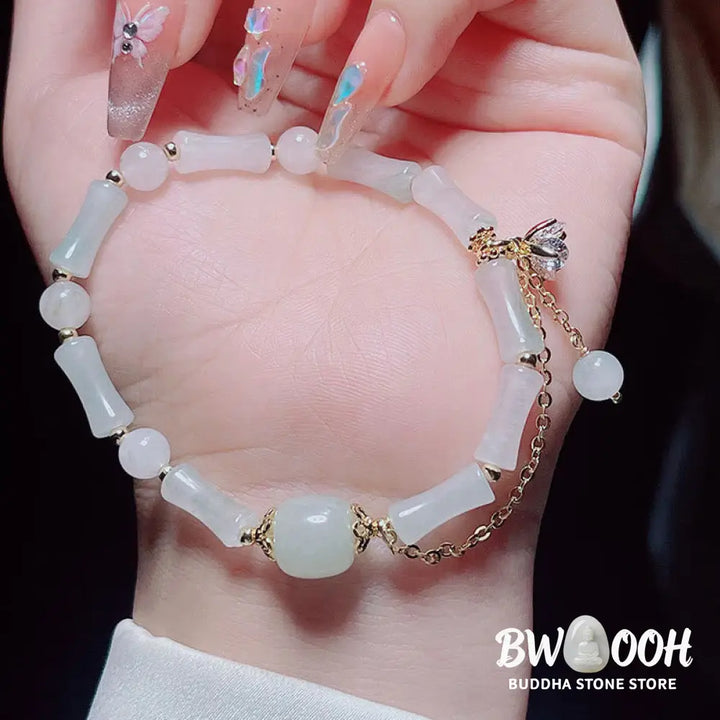 Buddha Stones Tianshan White Jade Bamboo Pattern Luck Blessing Bracelet - BWOOOH - Bracelet