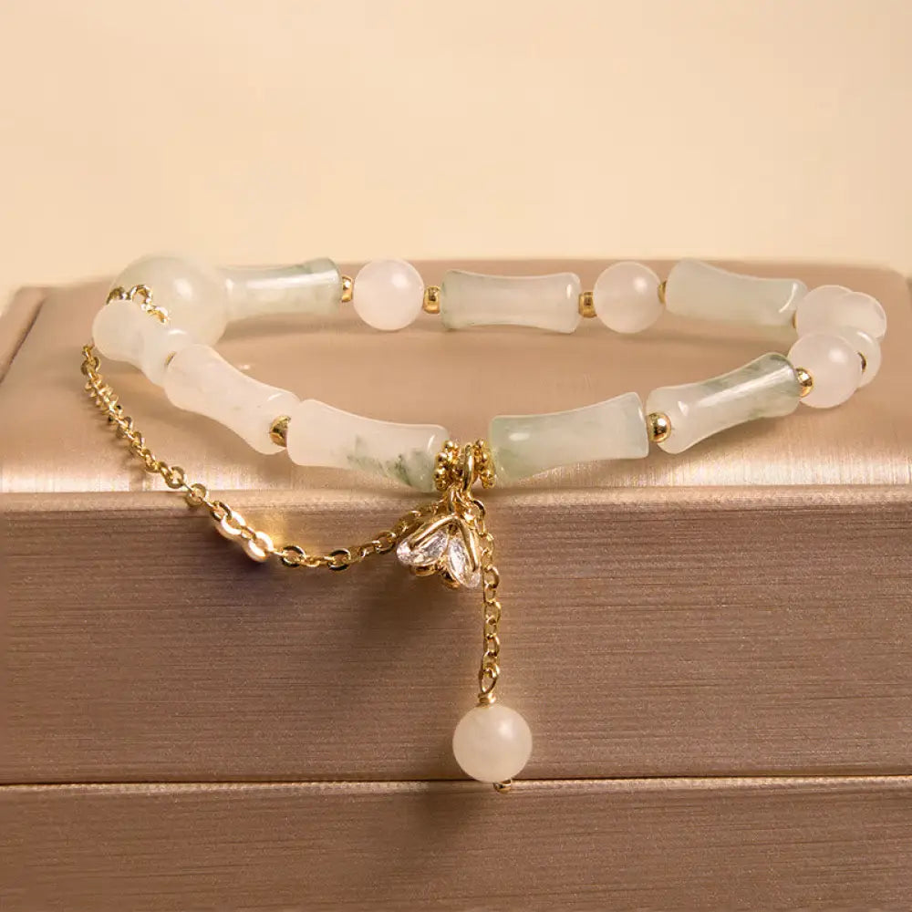 Buddha Stones Tianshan White Jade Bamboo Pattern Luck Blessing Bracelet - BWOOOH - White Jade(Wrist Circumference
