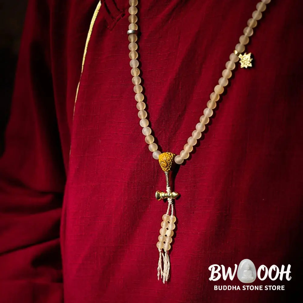 BWOOOH Tibet 108 Mala Beads bracelet featuring natural sheep horn, tiger eye, and Hetian jade with a silver Chinese Zodiac Natal Buddha charm. Sacred amulet for meditation, wealth, protection, and spiritual guidance against negative energy. Elastic string, unisex, 14-16cm wrist. - View 4