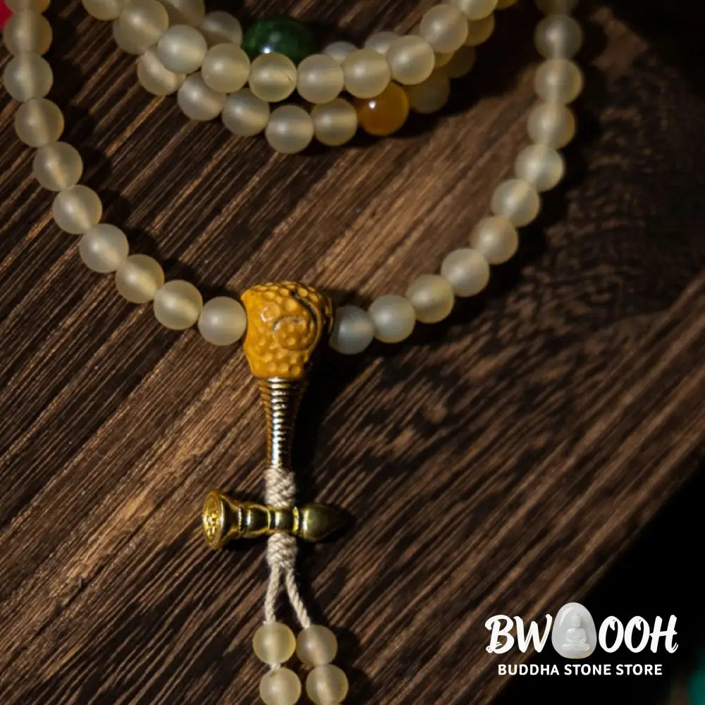 BWOOOH Tibet 108 Mala Beads bracelet featuring natural sheep horn, tiger eye, and Hetian jade with a silver Chinese Zodiac Natal Buddha charm. Sacred amulet for meditation, wealth, protection, and spiritual guidance against negative energy. Elastic string, unisex, 14-16cm wrist. - View 15