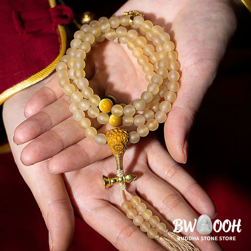 BWOOOH Tibet 108 Mala Beads bracelet featuring natural sheep horn, tiger eye, and Hetian jade with a silver Chinese Zodiac Natal Buddha charm. Sacred amulet for meditation, wealth, protection, and spiritual guidance against negative energy. Elastic string, unisex, 14-16cm wrist. - View 16