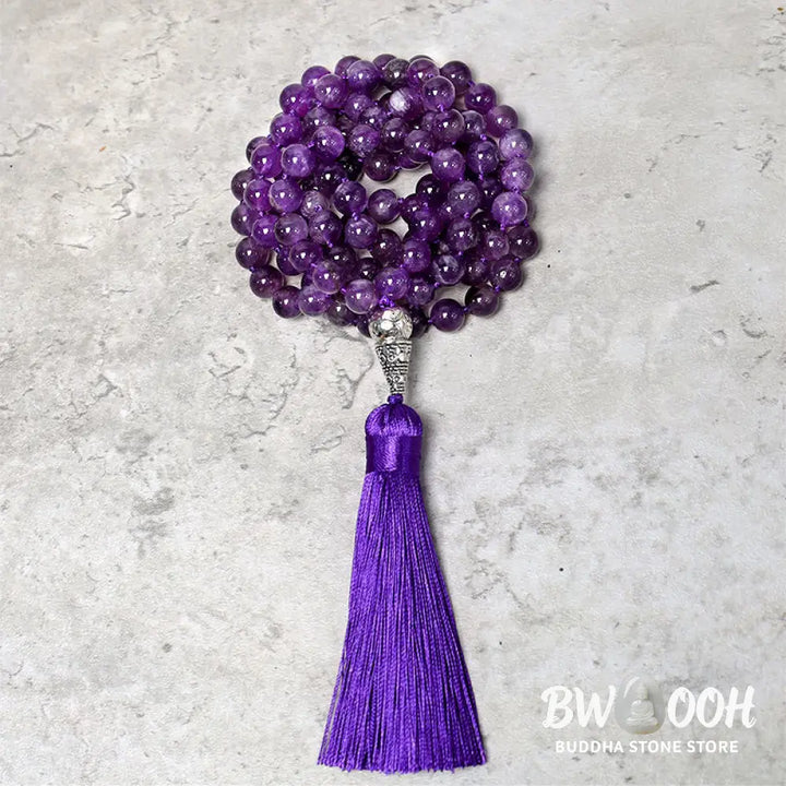 BWOOOH Tibetan Amethyst 108 Mala Beads Necklace for Yoga and Meditation, promoting spiritual protection and inner peace. - View 4