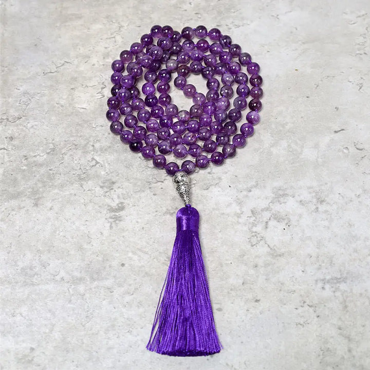 BWOOOH Tibetan Amethyst 108 Mala Beads Necklace for Yoga and Meditation, promoting spiritual protection and inner peace.