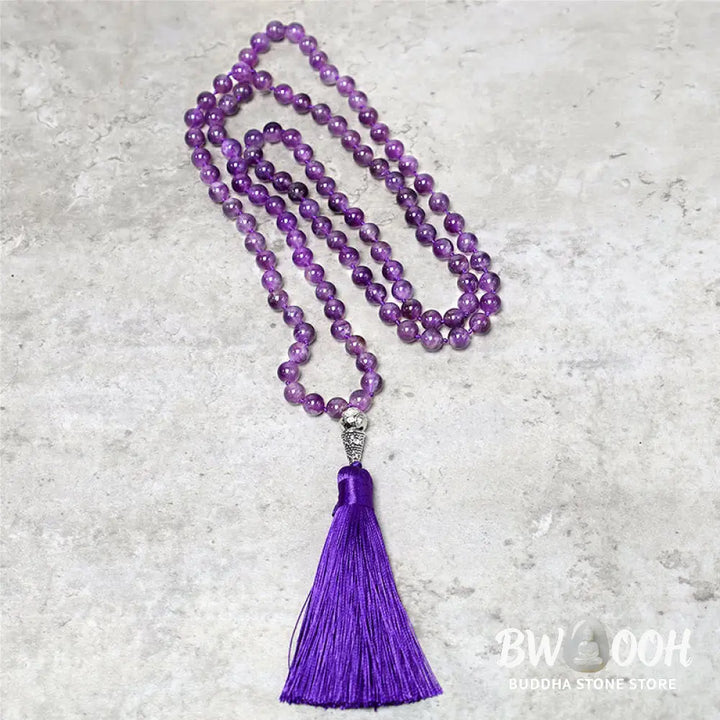 BWOOOH Tibetan Amethyst 108 Mala Beads Necklace for Yoga and Meditation, promoting spiritual protection and inner peace. - View 2