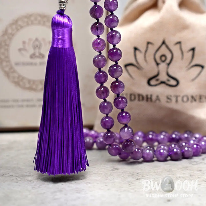 BWOOOH Tibetan Amethyst 108 Mala Beads Necklace for Yoga and Meditation, promoting spiritual protection and inner peace. - View 5