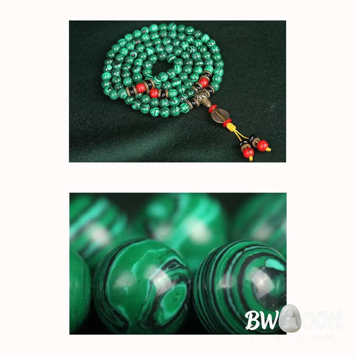 BWOOOH Tibetan 108 Mala crafted from 8MM natural Malachite beads. This versatile handmade bracelet-necklace offers spiritual protection, aids anxiety release, and promotes inner peace. - View 11