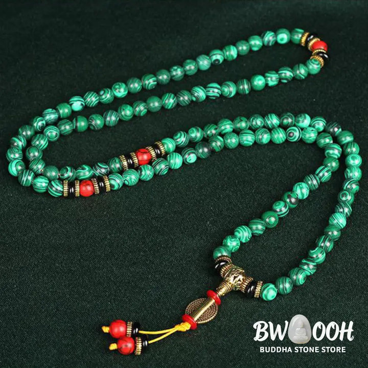 BWOOOH Tibetan 108 Mala crafted from 8MM natural Malachite beads. This versatile handmade bracelet-necklace offers spiritual protection, aids anxiety release, and promotes inner peace. - View 7
