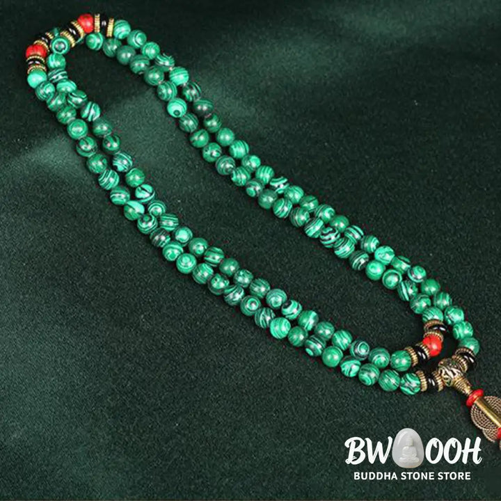 BWOOOH Tibetan 108 Mala crafted from 8MM natural Malachite beads. This versatile handmade bracelet-necklace offers spiritual protection, aids anxiety release, and promotes inner peace. - View 9