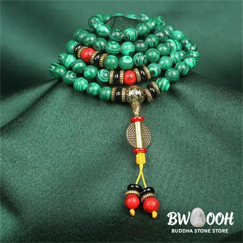 BWOOOH Tibetan 108 Mala crafted from 8MM natural Malachite beads. This versatile handmade bracelet-necklace offers spiritual protection, aids anxiety release, and promotes inner peace. - View 5