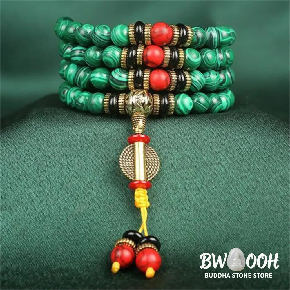 BWOOOH Tibetan 108 Mala crafted from 8MM natural Malachite beads. This versatile handmade bracelet-necklace offers spiritual protection, aids anxiety release, and promotes inner peace. - View 4