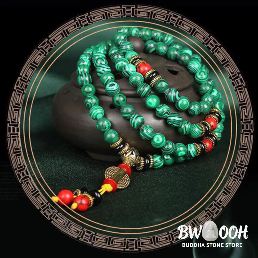 BWOOOH Tibetan 108 Mala crafted from 8MM natural Malachite beads. This versatile handmade bracelet-necklace offers spiritual protection, aids anxiety release, and promotes inner peace. - View 8