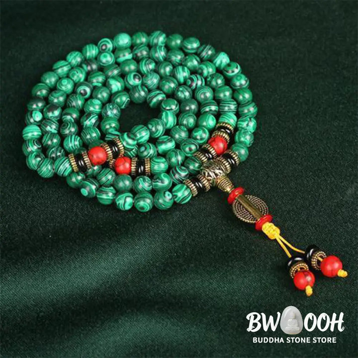 BWOOOH Tibetan 108 Mala crafted from 8MM natural Malachite beads. This versatile handmade bracelet-necklace offers spiritual protection, aids anxiety release, and promotes inner peace. - View 6