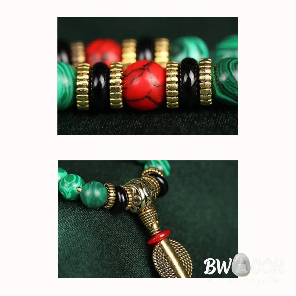 BWOOOH Tibetan 108 Mala crafted from 8MM natural Malachite beads. This versatile handmade bracelet-necklace offers spiritual protection, aids anxiety release, and promotes inner peace. - View 10