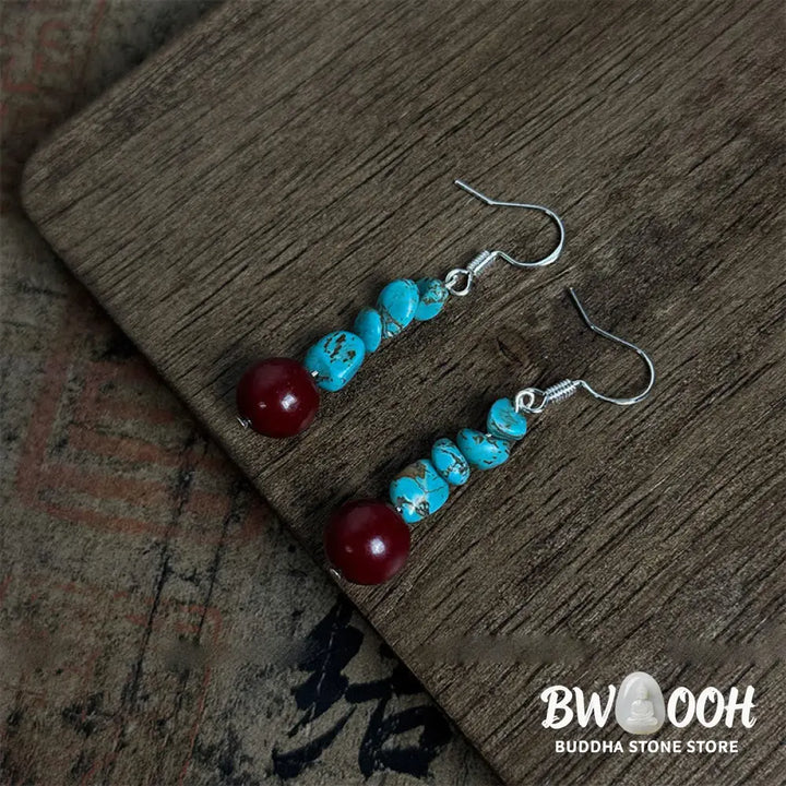 Buddha Stones Tibetan 925 Sterling Silver Turquoise Cinnabar beads Protection Earrings - Turquoise&amp;Cinnabar - Earrings