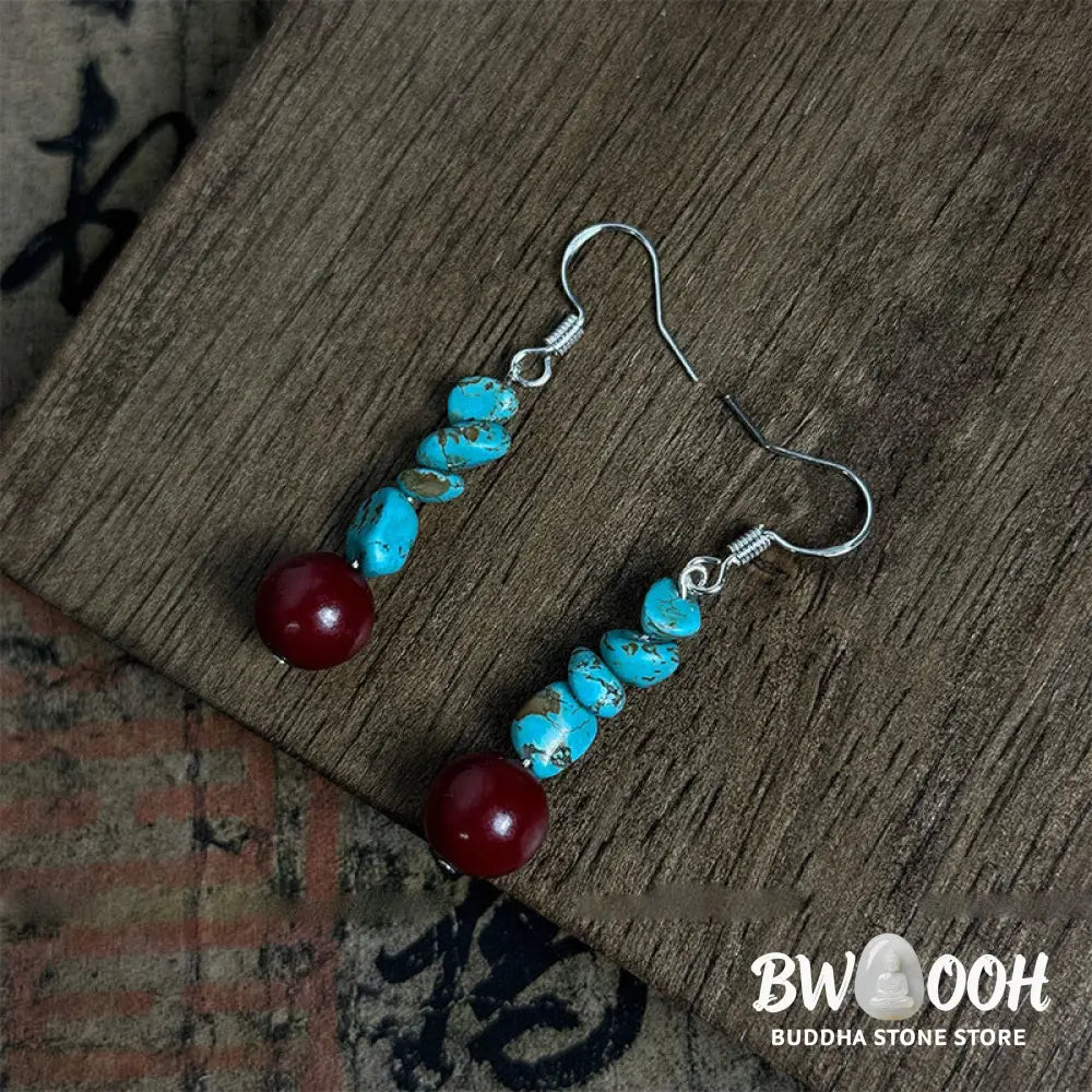 Buddha Stones Tibetan 925 Sterling Silver Turquoise Cinnabar beads Protection Earrings - Turquoise&amp;Cinnabar - Earrings