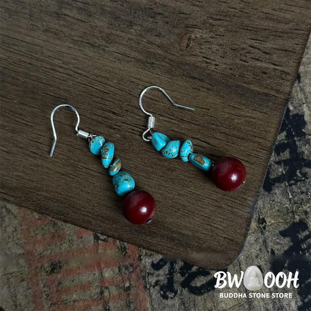 Buddha Stones Tibetan 925 Sterling Silver Turquoise Cinnabar beads Protection Earrings - Turquoise&amp;Cinnabar - Earrings