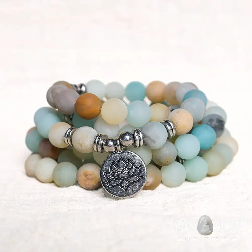 BWOOOH Handcrafted Tibetan Amazonite Lotus Mala with 108 x 6mm beads. A unisex spiritual amulet for meditation, protection, and inner peace. - View 3