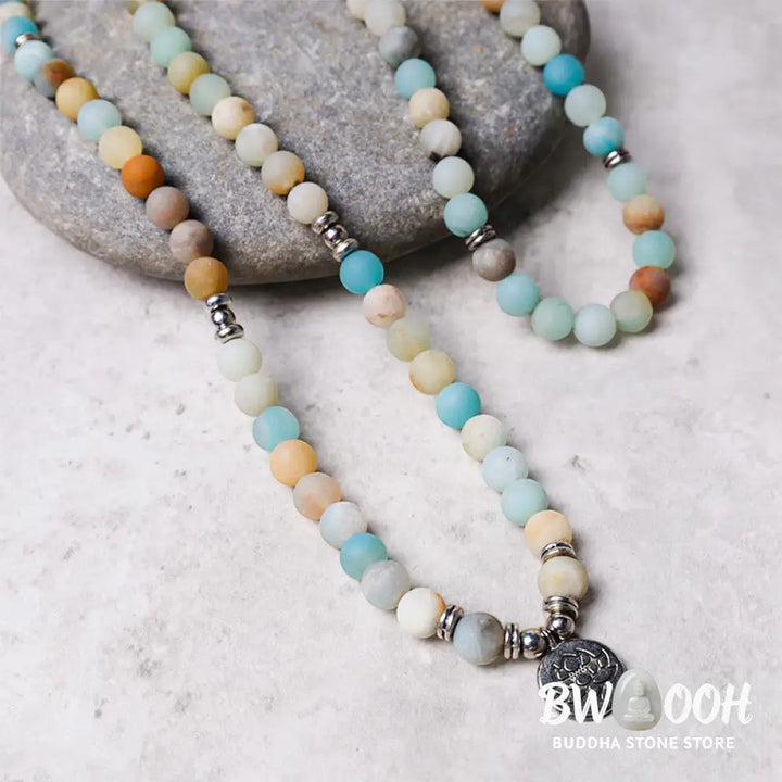 BWOOOH Handcrafted Tibetan Amazonite Lotus Mala with 108 x 6mm beads. A unisex spiritual amulet for meditation, protection, and inner peace. - View 2