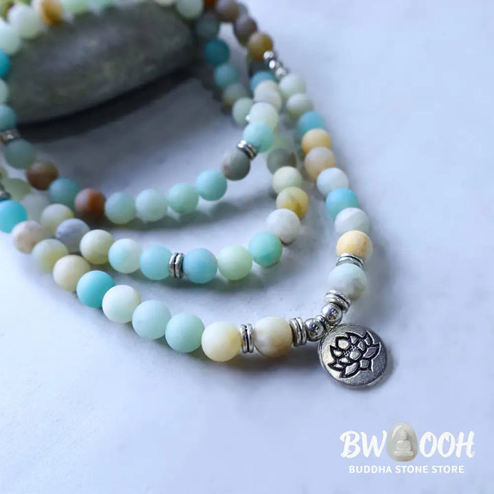 BWOOOH Handcrafted Tibetan Amazonite Lotus Mala with 108 x 6mm beads. A unisex spiritual amulet for meditation, protection, and inner peace. - View 5