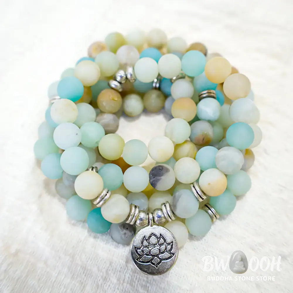 BWOOOH Handcrafted Tibetan Amazonite Lotus Mala with 108 x 6mm beads. A unisex spiritual amulet for meditation, protection, and inner peace. - View 4