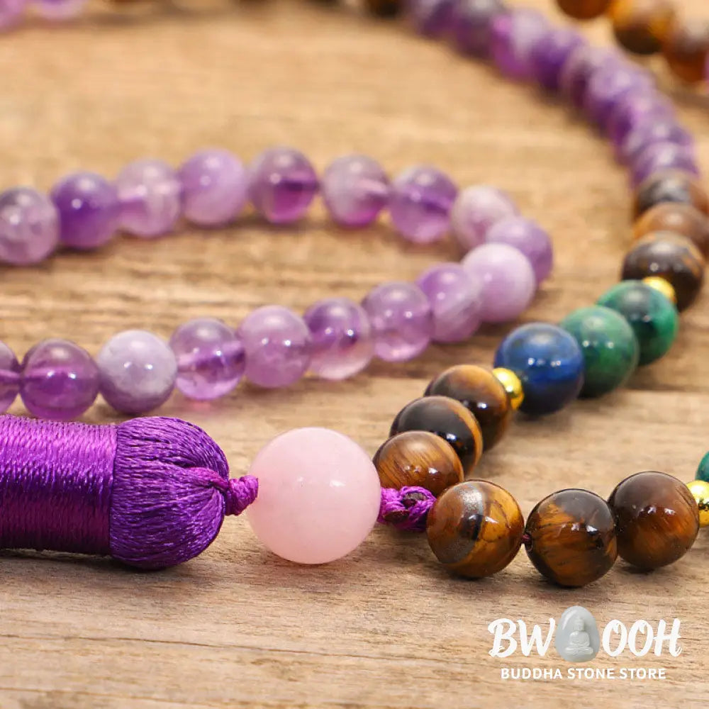 BWOOOH Tibetan Amethyst Purify Bracelet Mala Set with Tiger Eye &amp; Lazurite beads, handcrafted for spiritual protection and inner peace during meditation. - View 9