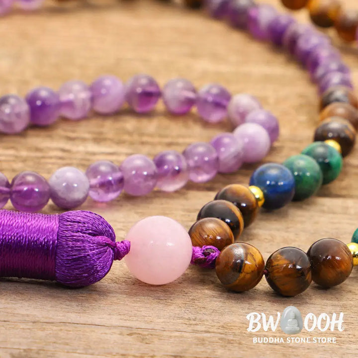 BWOOOH Tibetan Amethyst Purify Bracelet Mala Set with Tiger Eye &amp; Lazurite beads, handcrafted for spiritual protection and inner peace during meditation. - View 9