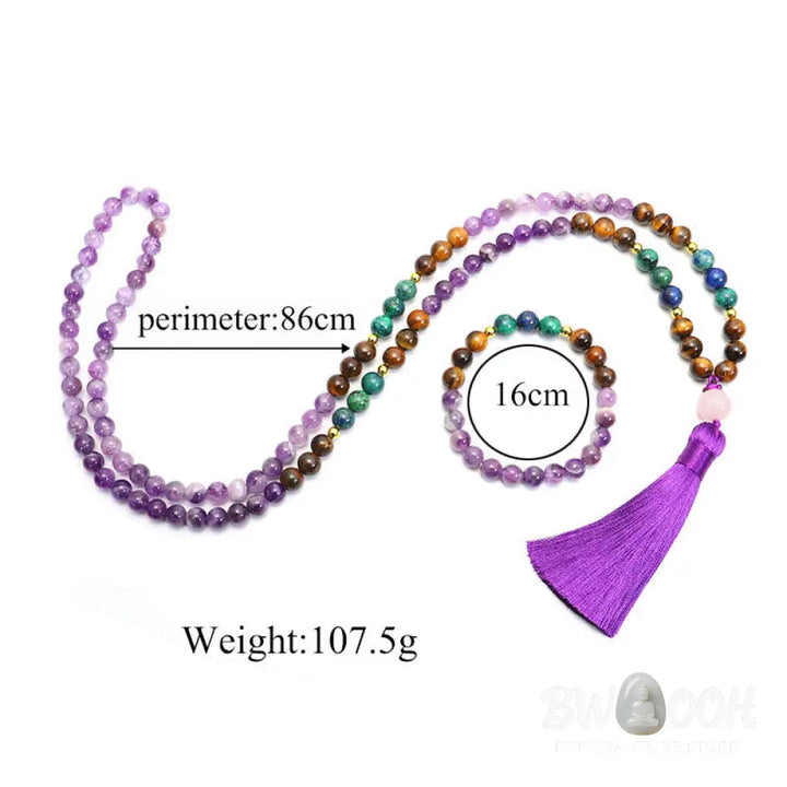BWOOOH Tibetan Amethyst Purify Bracelet Mala Set with Tiger Eye &amp; Lazurite beads, handcrafted for spiritual protection and inner peace during meditation. - View 5