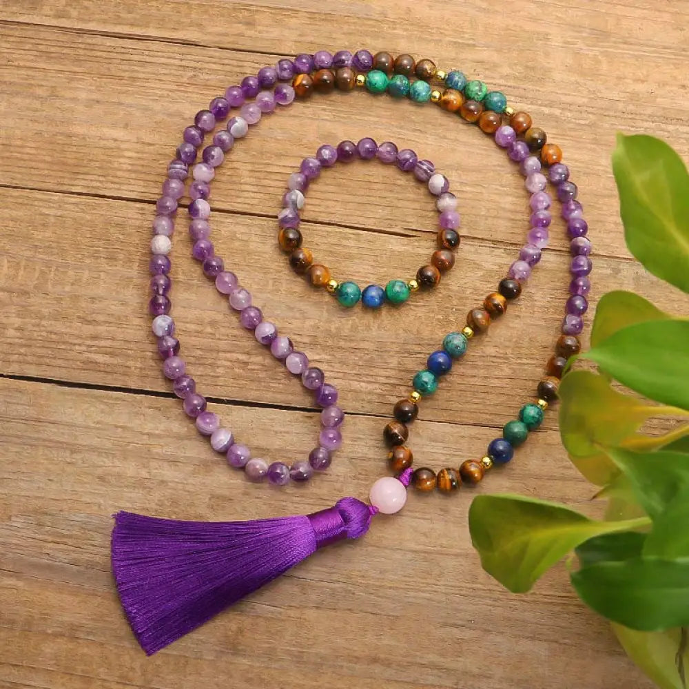 BWOOOH Tibetan Amethyst Purify Bracelet Mala Set with Tiger Eye & Lazurite beads, handcrafted for spiritual protection and inner peace during meditation.