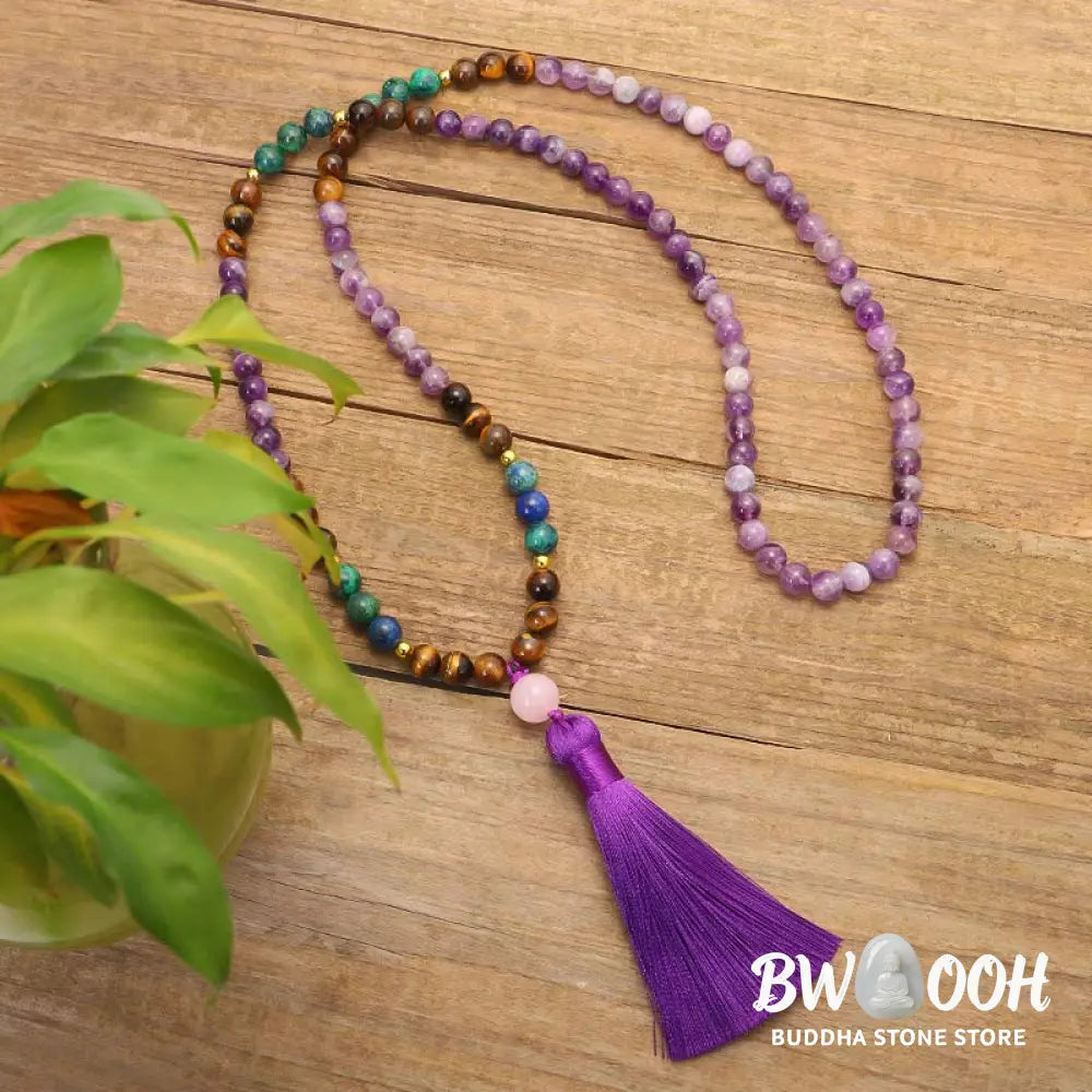 BWOOOH Tibetan Amethyst Purify Bracelet Mala Set with Tiger Eye &amp; Lazurite beads, handcrafted for spiritual protection and inner peace during meditation. - View 8