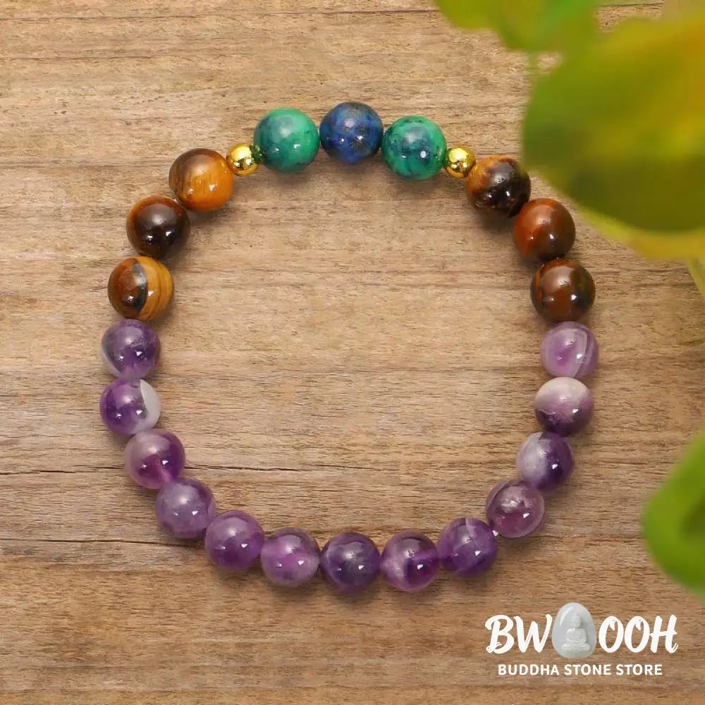 BWOOOH Tibetan Amethyst Purify Bracelet Mala Set with Tiger Eye &amp; Lazurite beads, handcrafted for spiritual protection and inner peace during meditation. - View 12