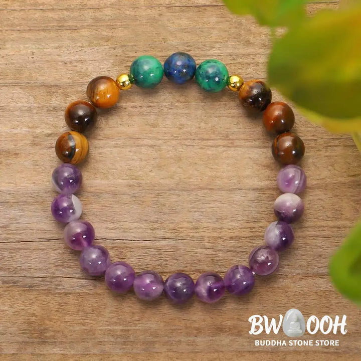 BWOOOH Tibetan Amethyst Purify Bracelet Mala Set with Tiger Eye &amp; Lazurite beads, handcrafted for spiritual protection and inner peace during meditation. - View 12
