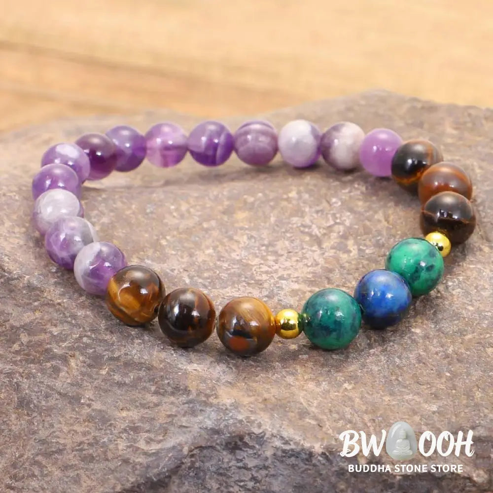 BWOOOH Tibetan Amethyst Purify Bracelet Mala Set with Tiger Eye &amp; Lazurite beads, handcrafted for spiritual protection and inner peace during meditation. - View 11