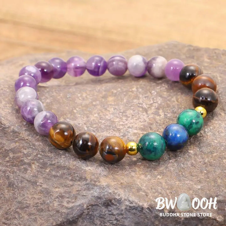 BWOOOH Tibetan Amethyst Purify Bracelet Mala Set with Tiger Eye &amp; Lazurite beads, handcrafted for spiritual protection and inner peace during meditation. - View 11