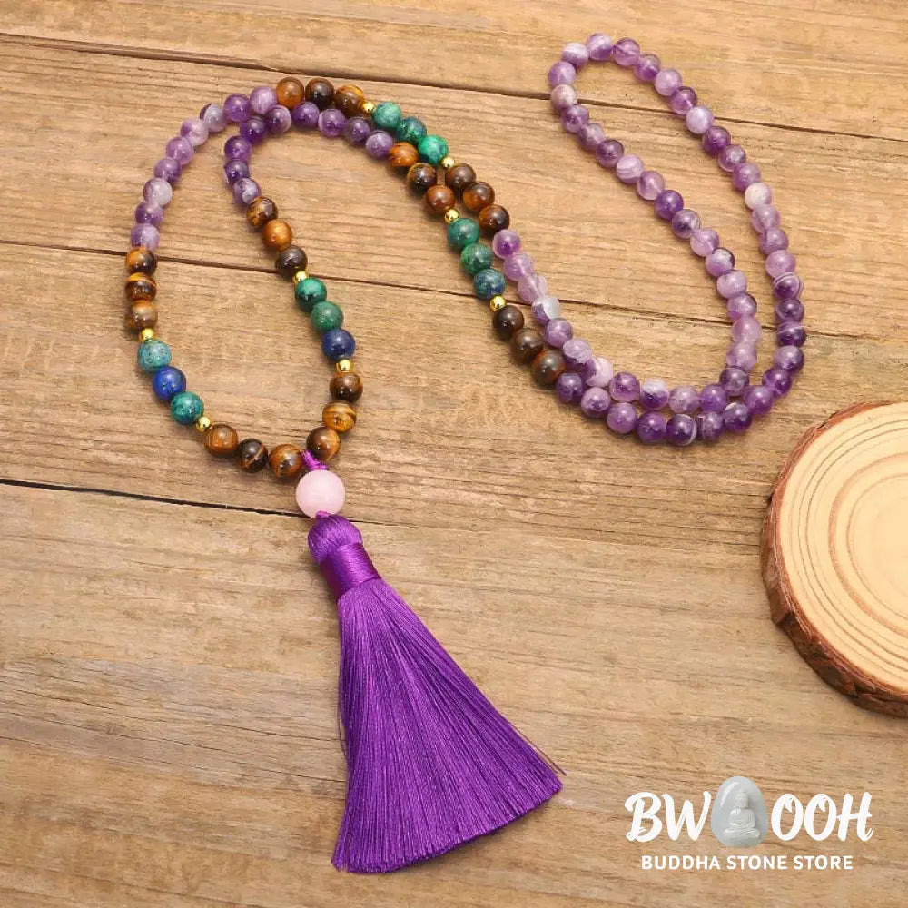 BWOOOH Tibetan Amethyst Purify Bracelet Mala Set with Tiger Eye &amp; Lazurite beads, handcrafted for spiritual protection and inner peace during meditation. - View 7