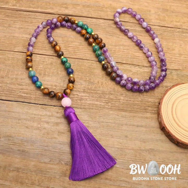 BWOOOH Tibetan Amethyst Purify Bracelet Mala Set with Tiger Eye &amp; Lazurite beads, handcrafted for spiritual protection and inner peace during meditation. - View 7