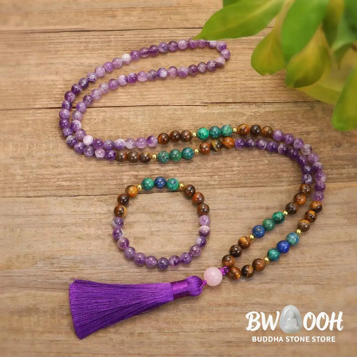 BWOOOH Tibetan Amethyst Purify Bracelet Mala Set with Tiger Eye &amp; Lazurite beads, handcrafted for spiritual protection and inner peace during meditation. - View 3
