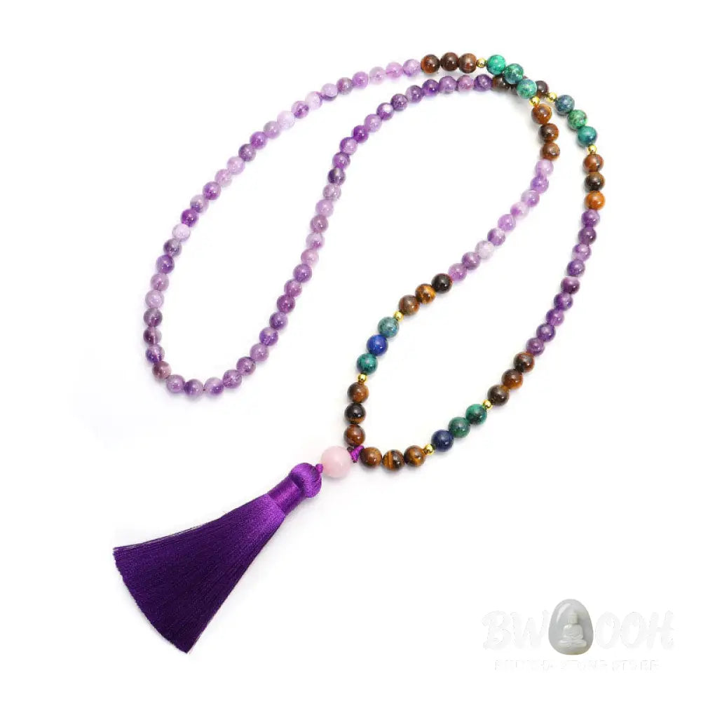 BWOOOH Tibetan Amethyst Purify Bracelet Mala Set with Tiger Eye &amp; Lazurite beads, handcrafted for spiritual protection and inner peace during meditation. - View 4