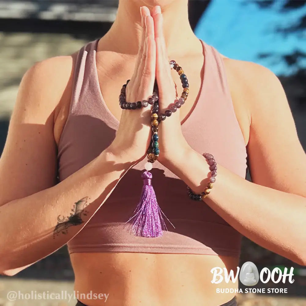 BWOOOH Tibetan Amethyst Purify Bracelet Mala Set with Tiger Eye & Lazurite beads, handcrafted for spiritual protection and inner peace during meditation. - View 2