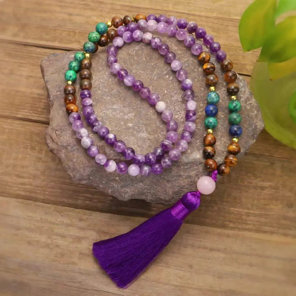 BWOOOH Tibetan Amethyst Purify Bracelet Mala Set with Tiger Eye &amp; Lazurite beads, handcrafted for spiritual protection and inner peace during meditation. - View 6