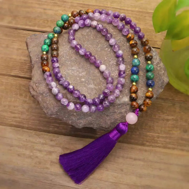 BWOOOH Tibetan Amethyst Purify Bracelet Mala Set with Tiger Eye &amp; Lazurite beads, handcrafted for spiritual protection and inner peace during meditation. - View 6
