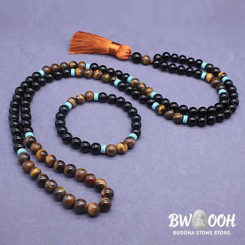 BWOOOH Tibetan Black Onyx Peaceful Mala Set, featuring polished 8mm Black Onyx, Tiger Eye, and Turquoise beads on an 88cm necklace and 17cm bracelet, handcrafted for spiritual protection and grounding during meditation and daily wear. - View 2