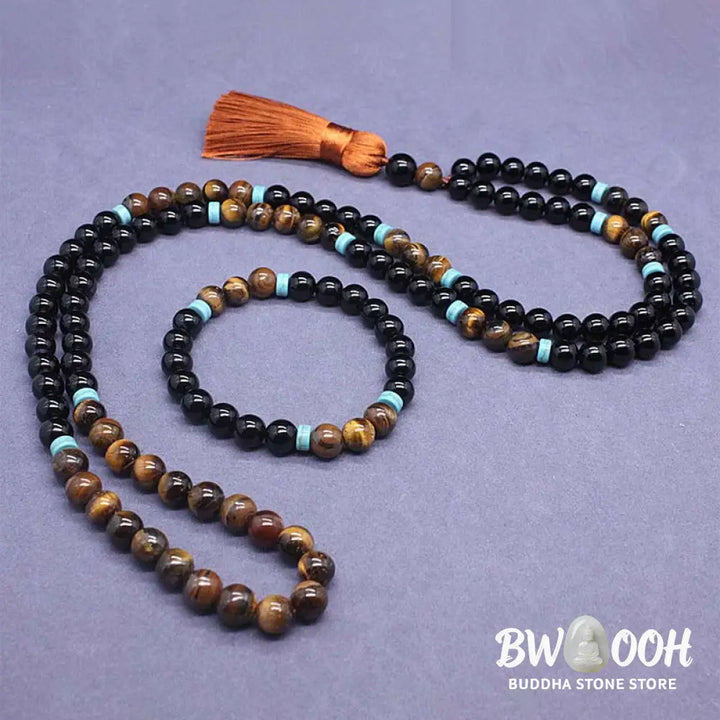 BWOOOH Tibetan Black Onyx Peaceful Mala Set, featuring polished 8mm Black Onyx, Tiger Eye, and Turquoise beads on an 88cm necklace and 17cm bracelet, handcrafted for spiritual protection and grounding during meditation and daily wear. - View 2