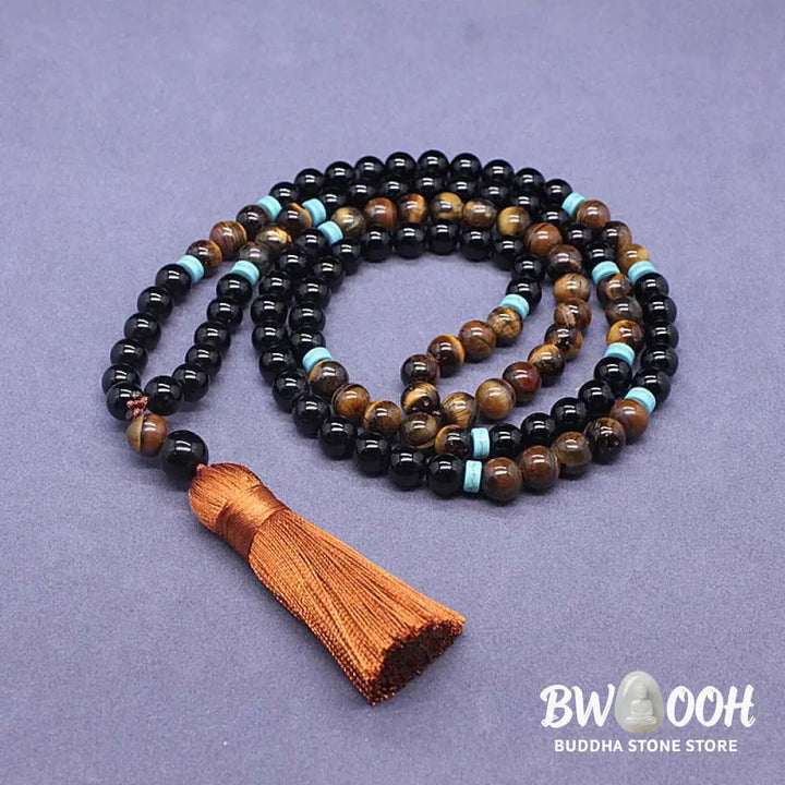BWOOOH Tibetan Black Onyx Peaceful Mala Set, featuring polished 8mm Black Onyx, Tiger Eye, and Turquoise beads on an 88cm necklace and 17cm bracelet, handcrafted for spiritual protection and grounding during meditation and daily wear. - View 4