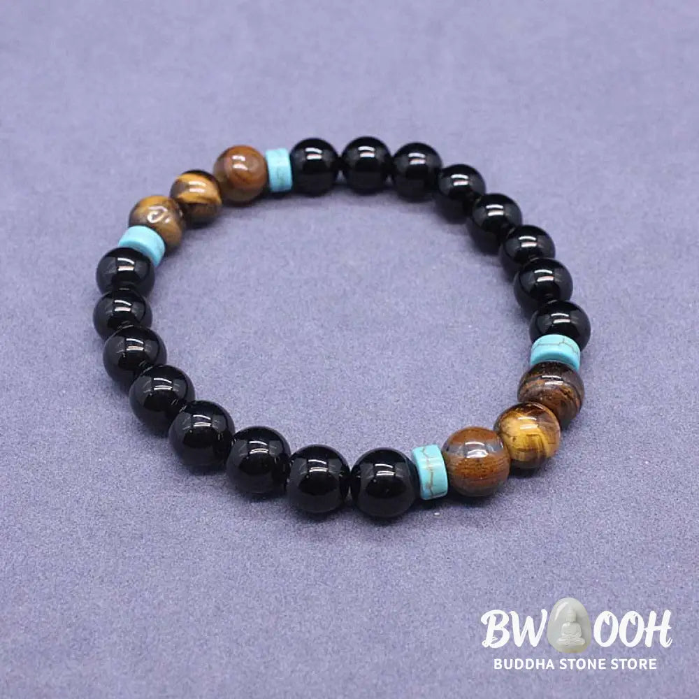 BWOOOH Tibetan Black Onyx Peaceful Mala Set, featuring polished 8mm Black Onyx, Tiger Eye, and Turquoise beads on an 88cm necklace and 17cm bracelet, handcrafted for spiritual protection and grounding during meditation and daily wear. - View 5