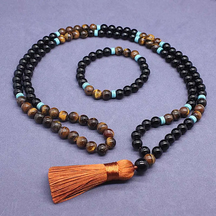 BWOOOH Tibetan Black Onyx Peaceful Mala Set, featuring polished 8mm Black Onyx, Tiger Eye, and Turquoise beads on an 88cm necklace and 17cm bracelet, handcrafted for spiritual protection and grounding during meditation and daily wear.