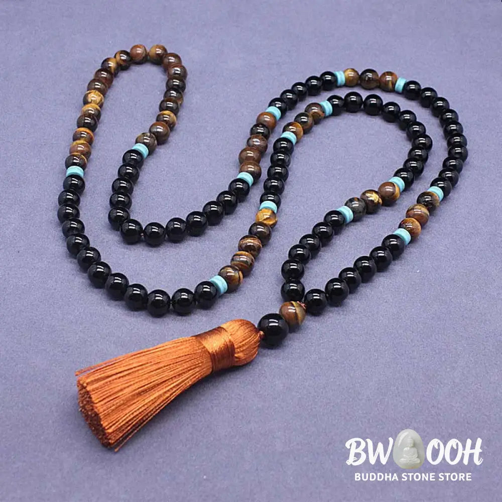 BWOOOH Tibetan Black Onyx Peaceful Mala Set, featuring polished 8mm Black Onyx, Tiger Eye, and Turquoise beads on an 88cm necklace and 17cm bracelet, handcrafted for spiritual protection and grounding during meditation and daily wear. - View 3