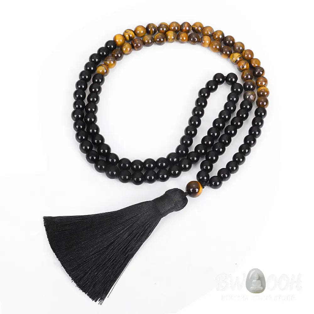 BWOOOH Tibetan Black Onyx and Tiger Eye protection necklace mala set, handcrafted at 86cm length with a complementary 16cm bracelet, featuring deep black onyx beads alongside luminous golden-brown tiger eye, ideal for spiritual grounding. - View 7