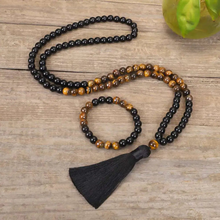 BWOOOH Tibetan Black Onyx and Tiger Eye protection necklace mala set, handcrafted at 86cm length with a complementary 16cm bracelet, featuring deep black onyx beads alongside luminous golden-brown tiger eye, ideal for spiritual grounding. - View 3